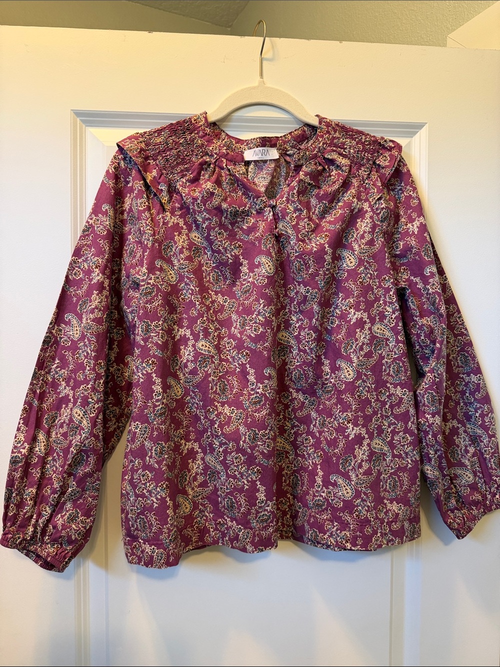 Purple Paisley Long-Sleeve Ruffle Neck Blouse